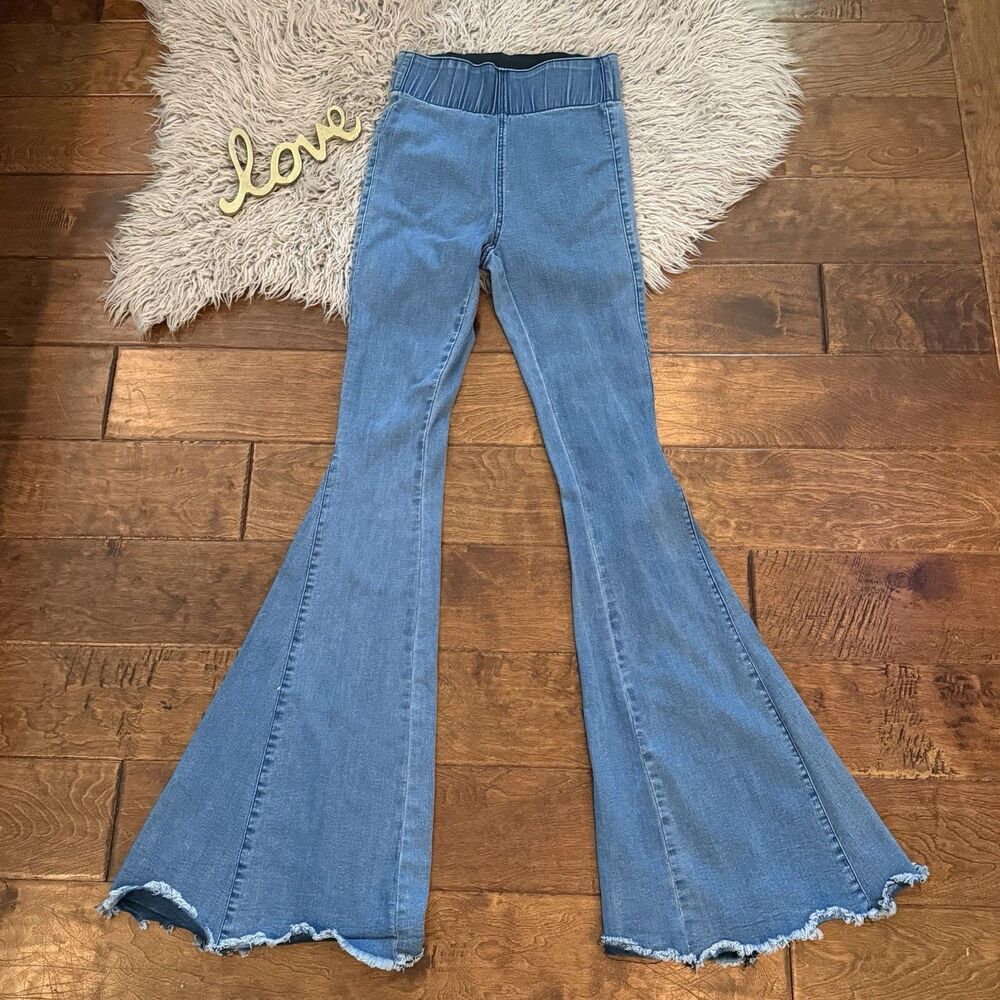 Three Bird Nest Pull-On Bell Bottom Denim Jeans Women Sz S Western Boho Hippie